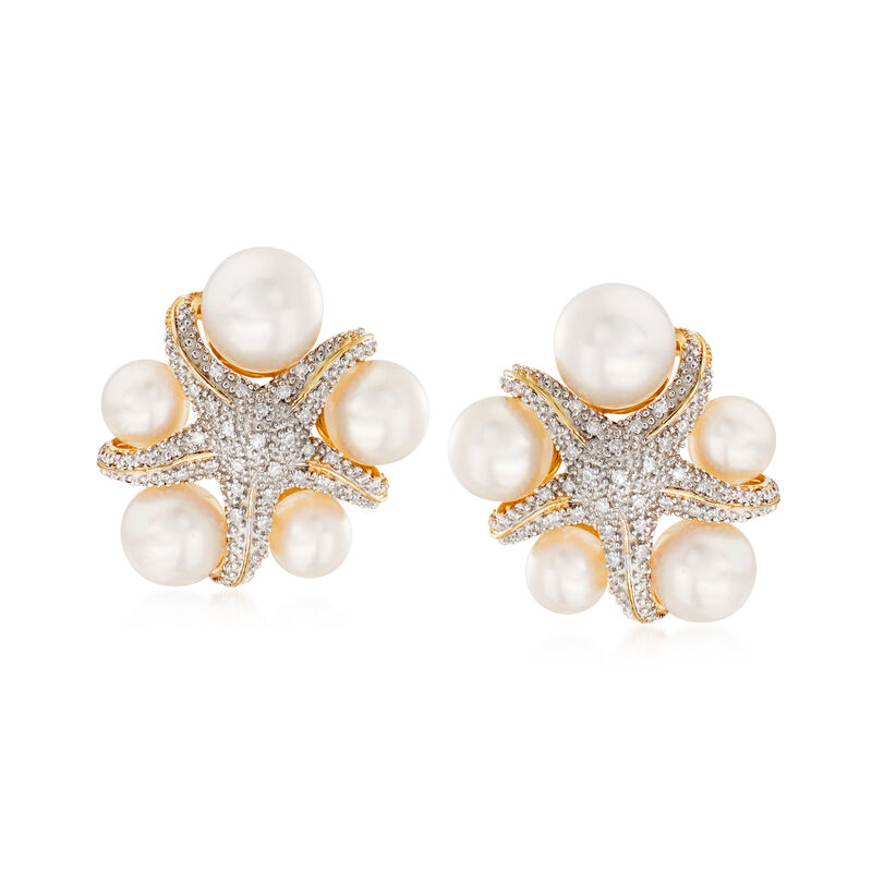 5-7.5mm Cultured Pearl and  .15 ct. t.w. Diamond Starfish Earrings in 18kt Gold Over Sterling image number 0