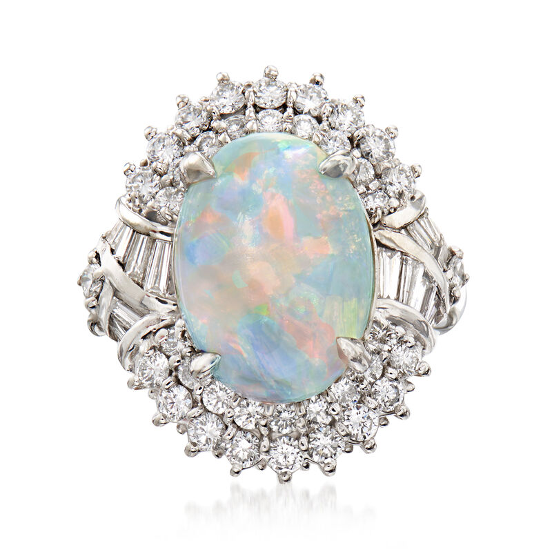 C. 1990 Vintage Opal and 1.23 ct. t.w. Diamond Ring in Platinum image number 0
