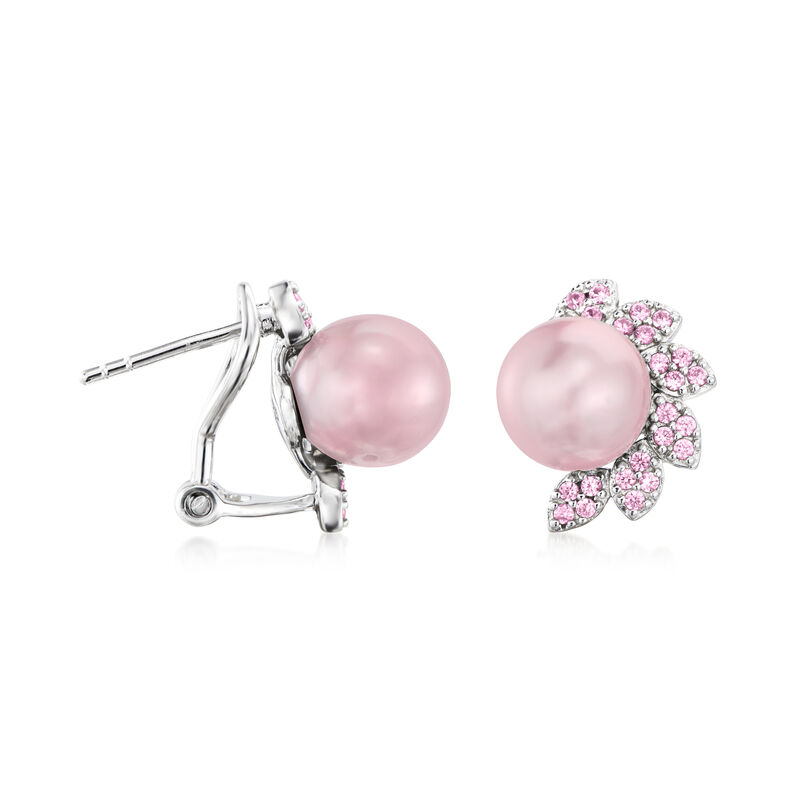 9-10mm Pink Cultured Pearl Flower Earrings with .40 ct. t.w. Pink Sapphires in Sterling Silver  image number 2