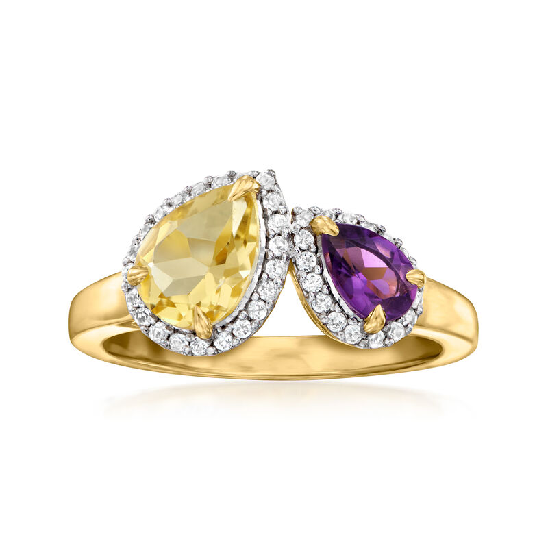 .80 Carat Citrine and .30 Carat Amethyst Toi et Moi Ring with .10 ct. t.w. White Topaz in 18kt Gold Over Sterling image number 0
