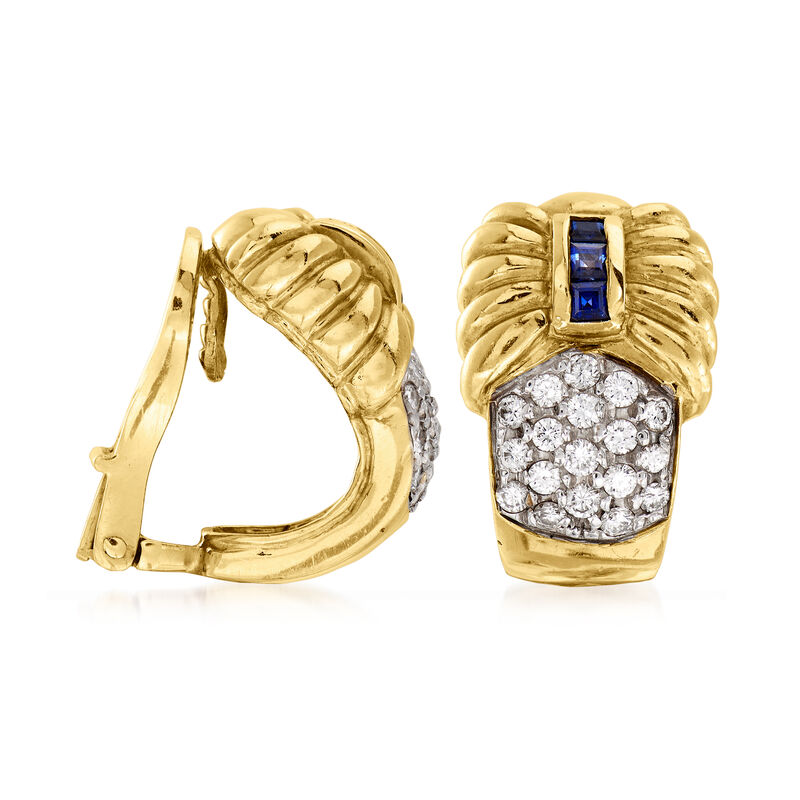 C. 1980 Vintage .75 ct. t.w. Diamond and .30 ct. t.w. Sapphire Clip-On J-Hoop Earrings in 18kt Two-Tone Gold. 5/8&quot; image number 2