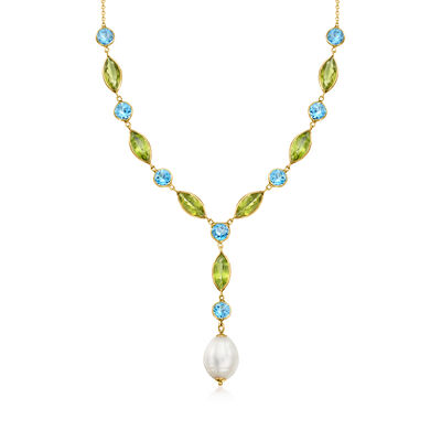 7.00 ct. t.w. Peridot and 4.40 ct. t.w. Swiss Blue Topaz Y-Necklace with 9-10mm Cultured Pearl Drop in 14kt Yellow Gold