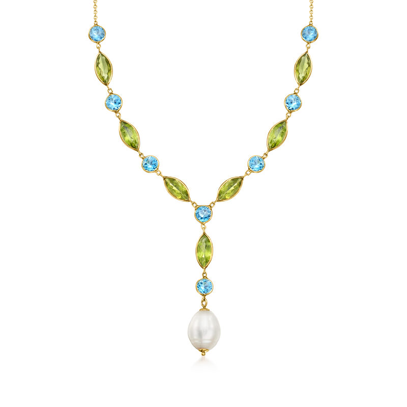 7.00 ct. t.w. Peridot and 4.40 ct. t.w. Swiss Blue Topaz Y-Necklace with 9-10mm Cultured Pearl Drop in 14kt Yellow Gold. 16&quot; image number 1