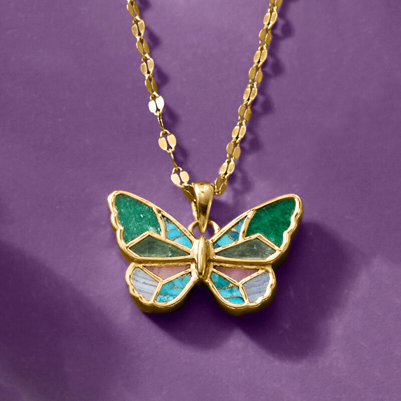 Multi-Gemstone Inlay Butterfly Pendant Necklace in 18kt Gold Over Sterling. 18" image number 2