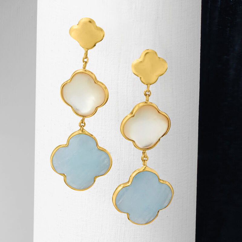 Italian Mother-of-Pearl and 5.00 ct. t.w. Aquamarine Clover Drop Earrings in 14kt Yellow Gold image number 3