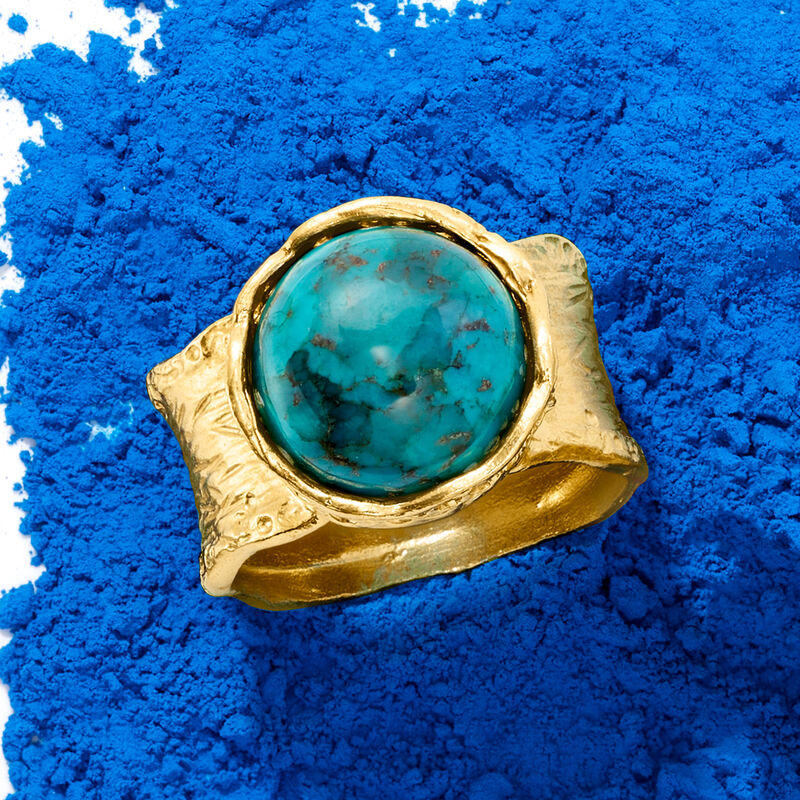 Turquoise Wide-Band Ring in Textured and Polished 18kt Gold Over Sterling image number 3