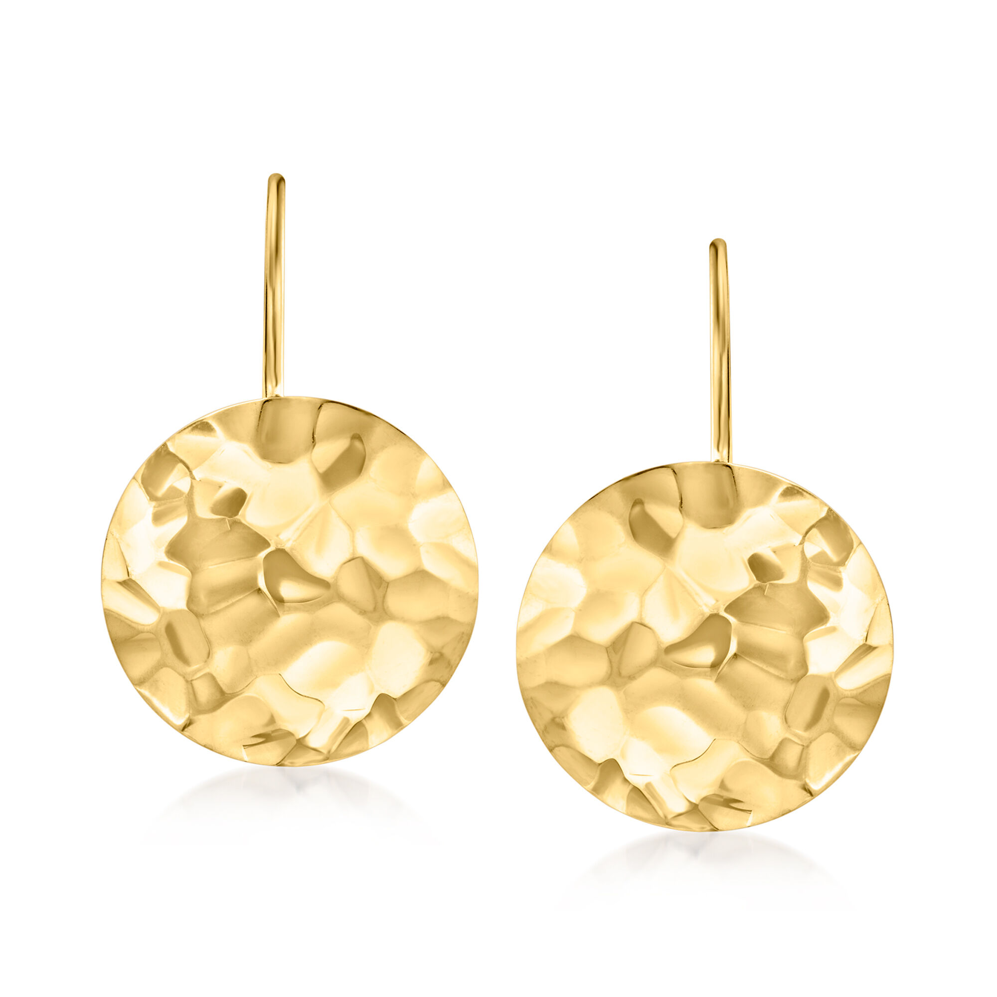14kt Yellow Gold Hammered Disc Drop Earrings | Ross Simons