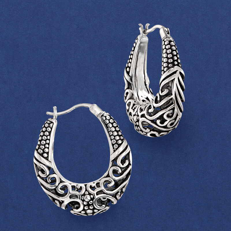 Sterling Silver Scrollwork Hoop Earrings. 1&quot; image number 2