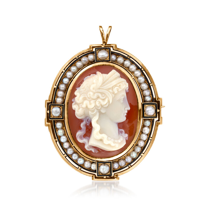 C. 1940 Vintage Brown Agate Cameo Pin/Pendant with 2.5-3.5mm Cultured Pearls in 14kt Yellow Gold image number 0