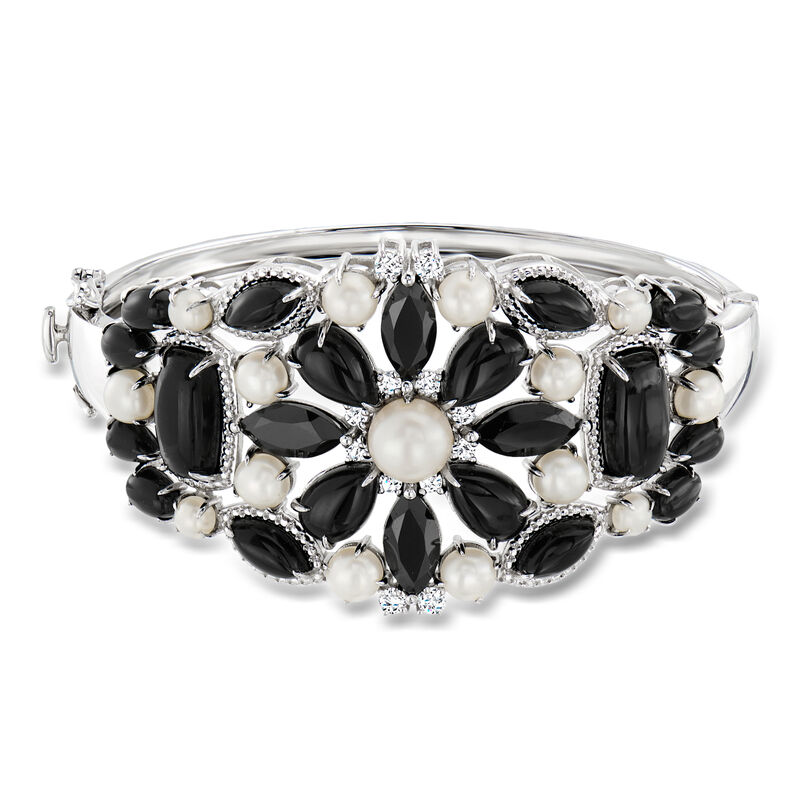 Onyx and .50 ct. t.w. White Topaz Bangle Bracelet with 3.5-7.5mm Cultured Pearls in Sterling Silver image number 0