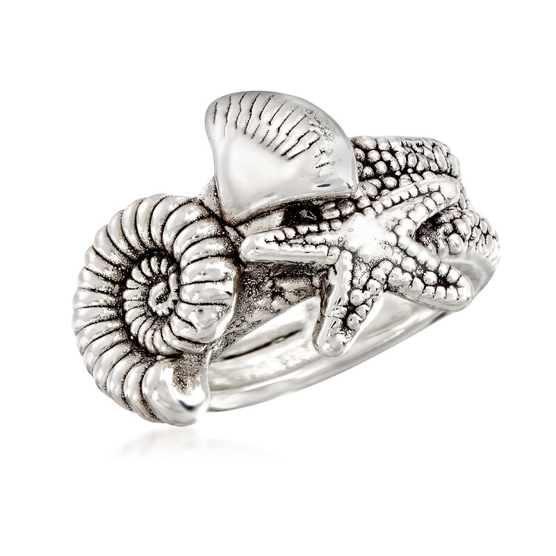 Sterling Silver Starfish and Seashell Ring image number 3