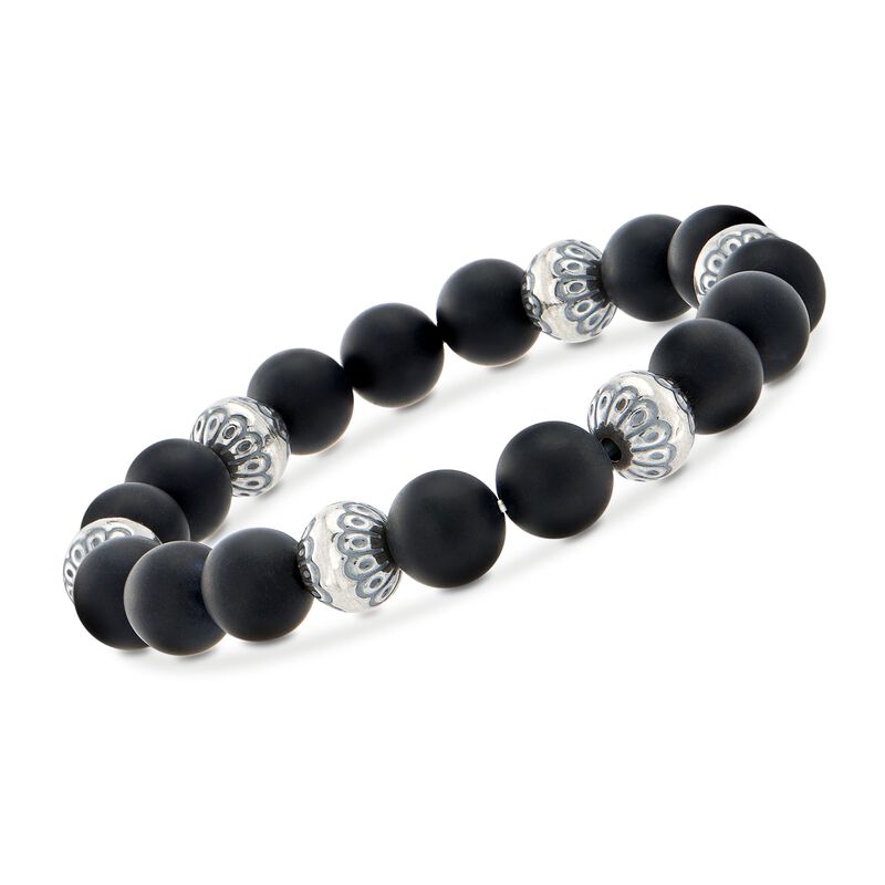 Men's 10-10.5mm Black Onyx and Sterling Silver Bead Stretch Bracelet. 8&quot; image number 0