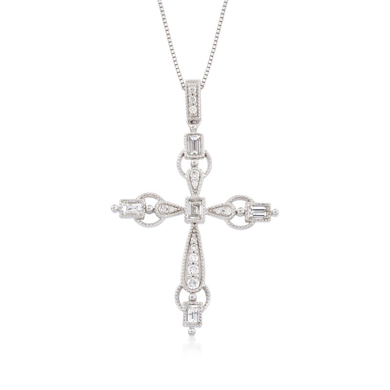 .49 ct. t.w. Diamond Openwork Cross Pendant Necklace in 14kt White Gold. 18&quot; image number 1