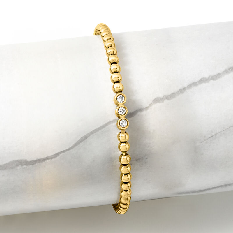 .25 ct. t.w. Lab-Grown Diamond and 4mm 18kt Gold Vermeil Bead Stretch Bracelet. 7&quot; image number 2