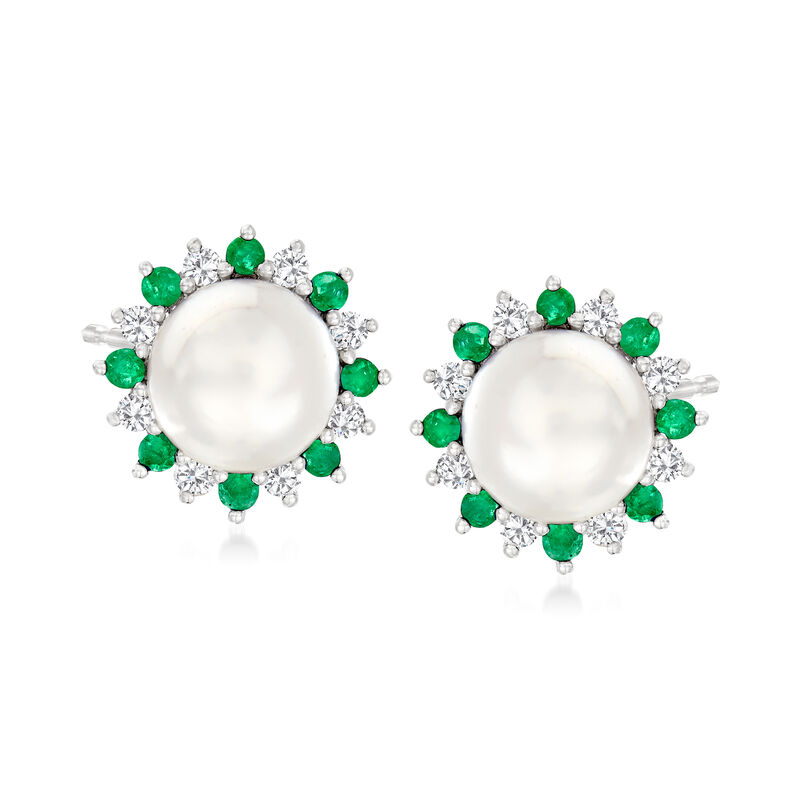 7-7.5mm Cultured Pearl and .40 ct. t.w. Emerald Earrings with .40 ct. t.w. White Zircon in Sterling Silver image number 0