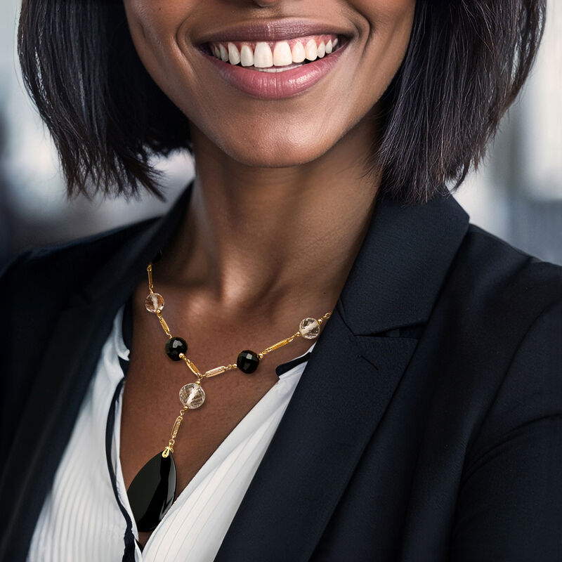 C. 1970 Vintage Onyx and 26.00 ct. t.w. Rock Crystal Bead Station Necklace in 14kt Yellow Gold. 15.75" image number 1