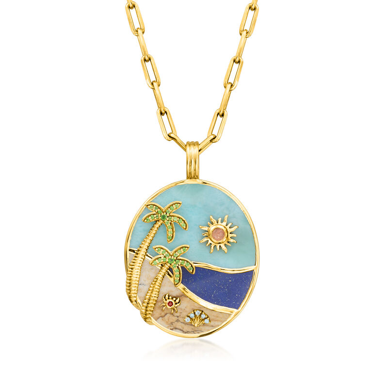 .26 ct. t.w. Multi-Gemstone Beach Pendant Paper Clip Link Necklace in 18kt Gold Over Sterling. 18"