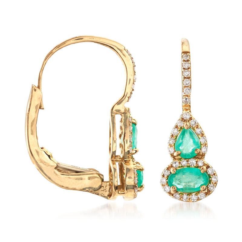 .60 ct. t.w. Emerald and .15 ct. t.w. Diamond Drop Earrings in 14kt Yellow Gold image number 2