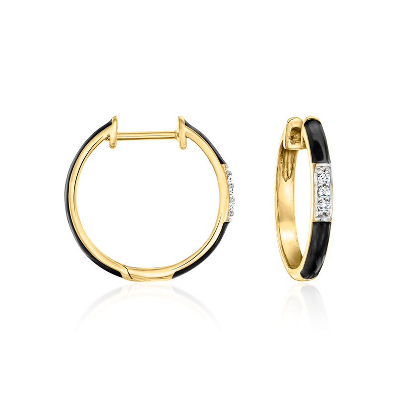 Black Enamel and Diamond Hoop Earrings in 18kt Gold Over Sterling. 5/8" image number 0