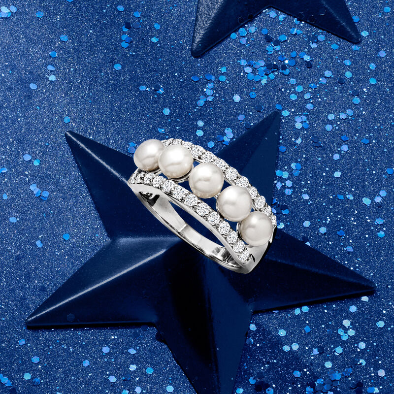 4.5mm Cultured Pearl and .70 ct. t.w. White Topaz Ring in Sterling Silver image number 5