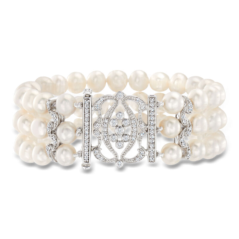 7-8mm Cultured Pearl and .85 ct. t.w. CZ Multi-Row Bracelet with Sterling Silver. 7" image number 0