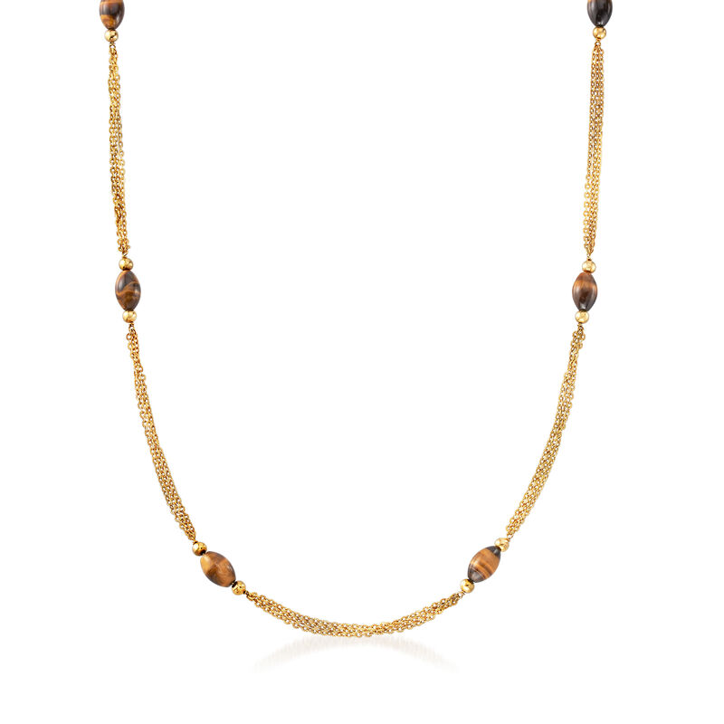 C. 1970 Vintage 14x9mm Tiger's Eye Beaded Necklace in 18kt Yellow Gold image number 2