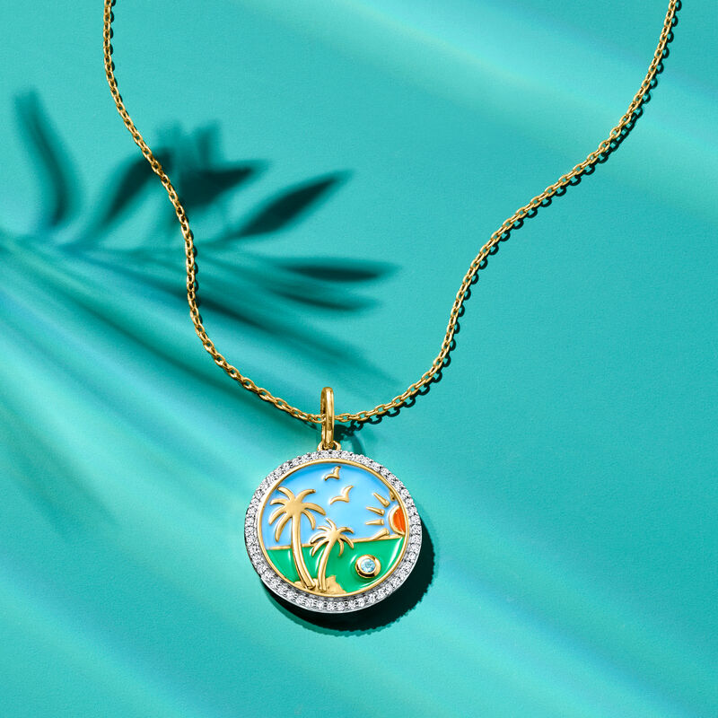 .30 ct. t.w. White Topaz Beach Pendant Necklace with Multicolored Enamel and Swiss Blue Topaz in 18kt Gold Over Sterling. 18&quot; image number 2