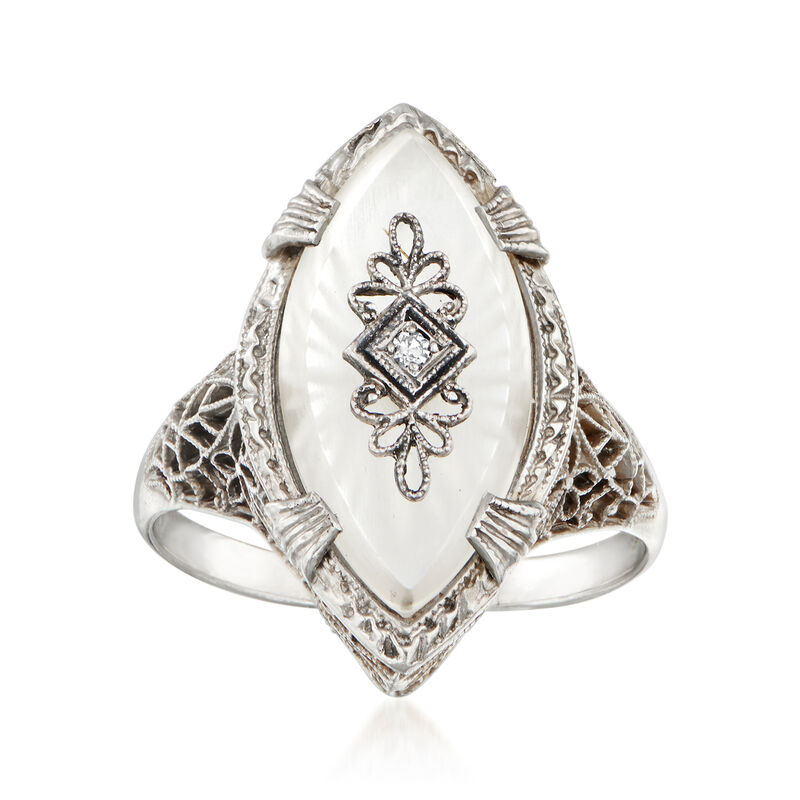 C. 1950 Vintage Diamond-Accented Carved Glass Ring in 14kt White Gold. Size 7 image number 0