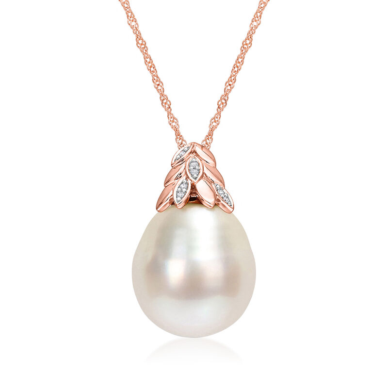 14-14.5mm Cultured South Sea Pearl Leaf Pendant Necklace with Diamonds in 14kt Rose Gold. 17&quot; image number 0