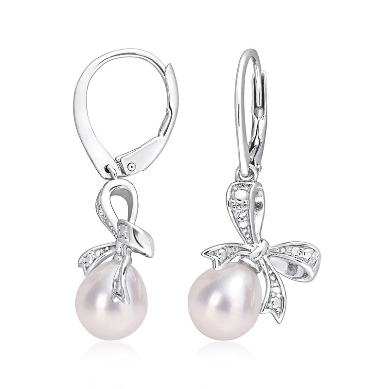 7.5-8mm Cultured Pearl Bow Drop Earrings with Diamonds in Sterling Silver  image number 1
