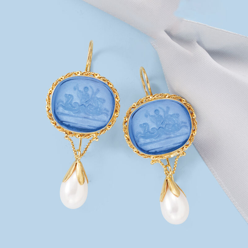 Italian 8-8.5mm Cultured Pearl and Blue Venetian Glass Drop Earrings in 18kt Gold Over Sterling image number 3