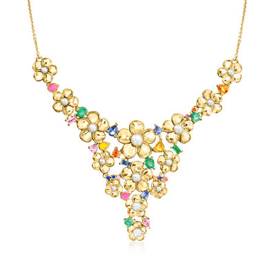 2.5-5mm Cultured Pearl and 3.48 ct. t.w. Multi-Gemstone Flower Bib Necklace with Multicolored Enamel in 18kt Gold Over Sterling