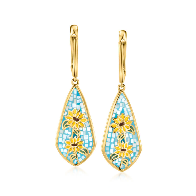 Mother-of-Pearl and Multicolored Enamel Sunflower Mosaic Drop Earrings in 18kt Gold Over Sterling image number 2
