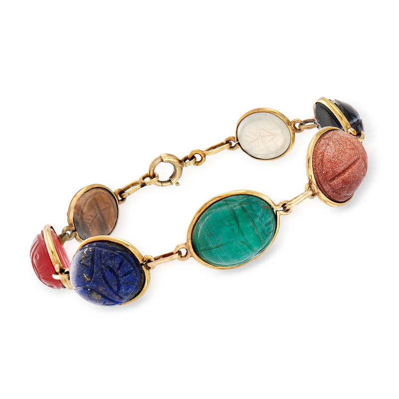 C. 1960 Vintage Multi-Gemstone Scarab Bracelet in 14kt Yellow Gold image number 0