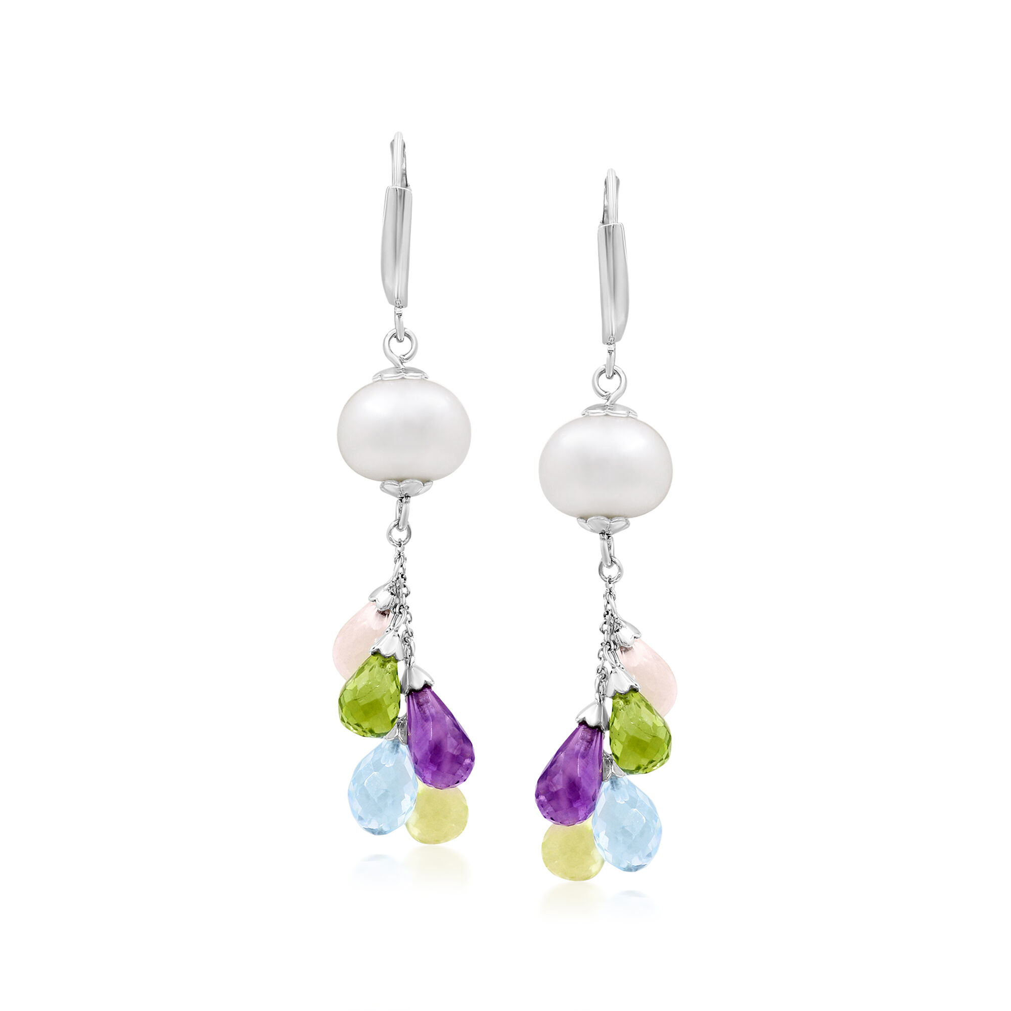 10-10.5mm Cultured Pearl and 13.50 ct. t.w. Multi-Gemstone Drop Earrings in  Sterling Silver
