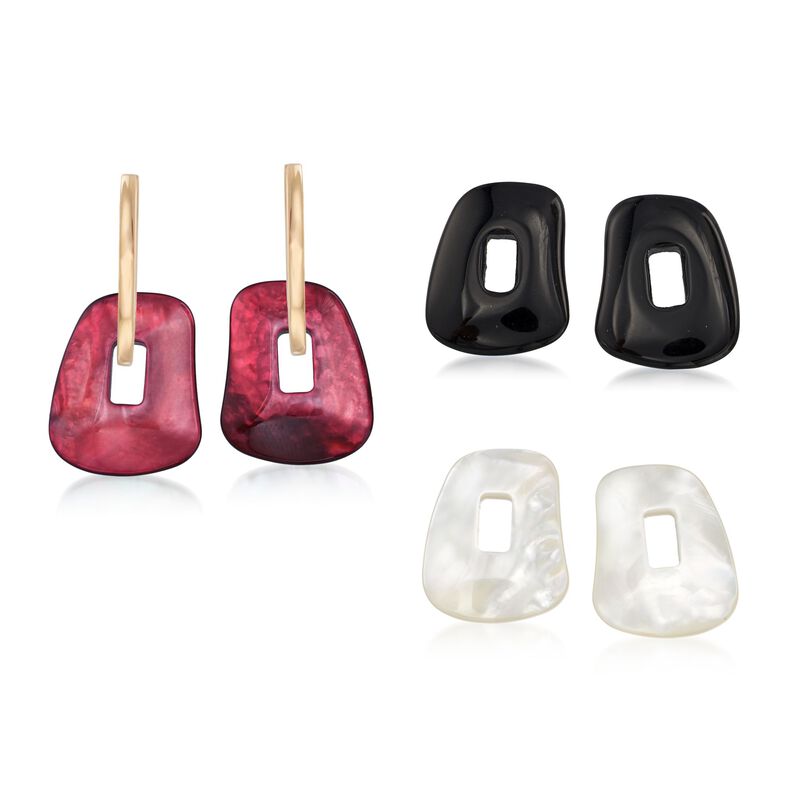 Mattioli &quot;Puzzle&quot; 18kt Yellow Gold Earrings with Three Interchangeable Drops: Black Onyx and Multicolored Mother-Of-Pearl. 7/8&quot; image number 0