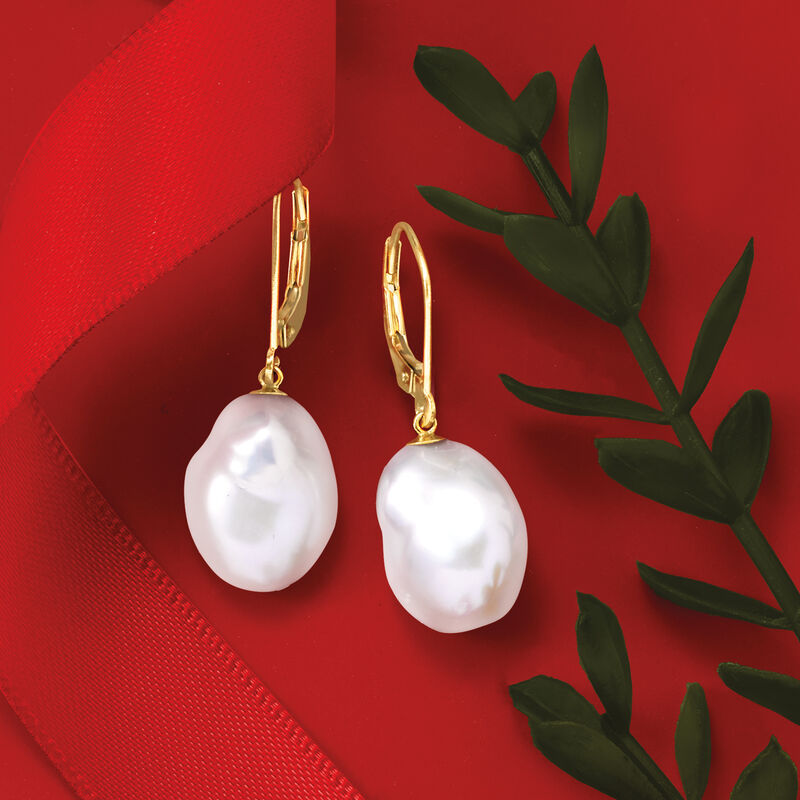 11-12mm Cultured Baroque Pearl Drop Earrings in 14kt Yellow Gold image number 2