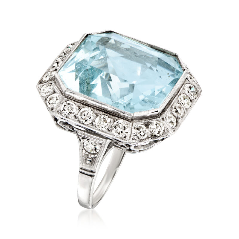 C. 1950 Vintage 12.00 Carat Aquamarine and 1.30 ct. t.w. Diamond Ring in Platinum. Size 5 image number 2