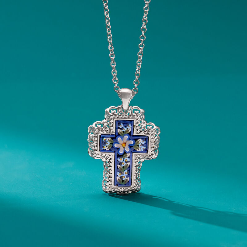 Italian Murano Glass Mosaic Floral Cross Pendant Necklace in Sterling Silver image number 3