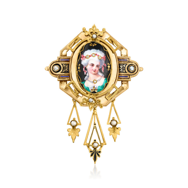 C. 1920 Vintage Painted Portrait Pin with Enamel and Seed Pearls in 18kt Yellow Gold  image number 0