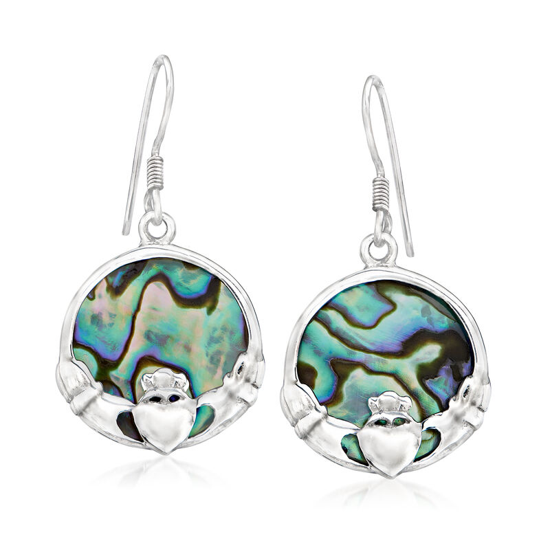 Abalone Shell Claddagh Drop Earrings in Sterling Silver image number 0