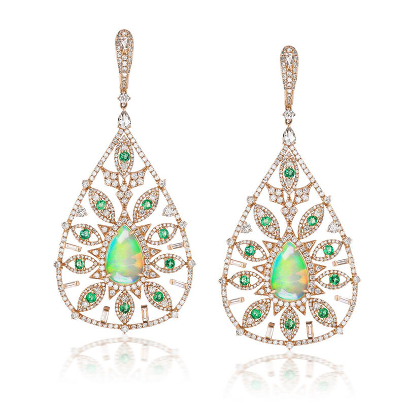 Opal, 5.85 ct. t.w. Diamond and 1.40 ct. t.w. Emerald Drop Earrings in 18kt White Gold image number 0