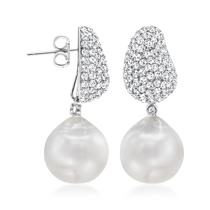 13-14mm Cultured South Sea Pearl and 2.50 ct. t.w. Diamond Drop Earrings in 18kt White Gold image number 1