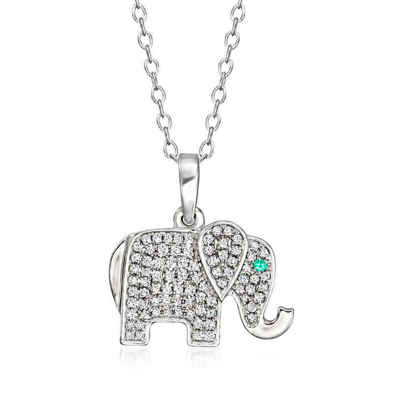 .20 ct. t.w. Diamond Elephant Pendant Necklace with Single Emerald in Sterling Silver. 18&quot; image number 1