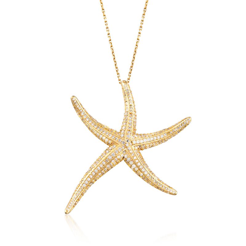 1.50 ct. t.w. Pave CZ Starfish Pendant Necklace in 14kt Gold Over Sterling. 18&quot; image number 1