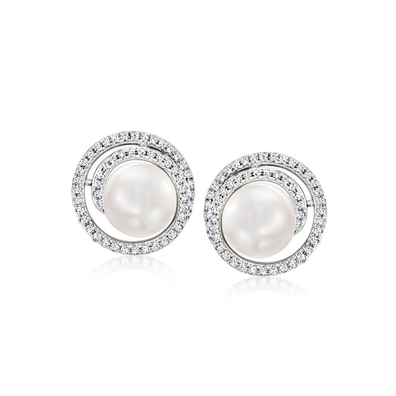 7-7.5mm Cultured Pearl and .26 ct. t.w. Diamond Spiral Earrings in 14kt White Gold image number 0
