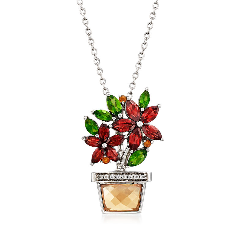 3.65 ct. t.w. Multi-Gemstone Flowers in Pot Pendant Necklace in Sterling Silver image number 0