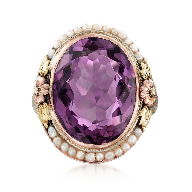 C. 1950 Vintage 11.30 Carat Amethyst and Cultured Seed Pearl Floral Ring in 14kt Tri-Colored Gold image number 0
