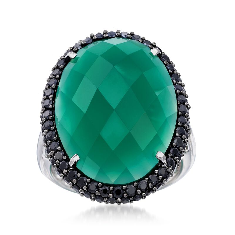 Green Chalcedony and 1.50 ct. t.w. Black Spinel Ring in Sterling Silver image number 0
