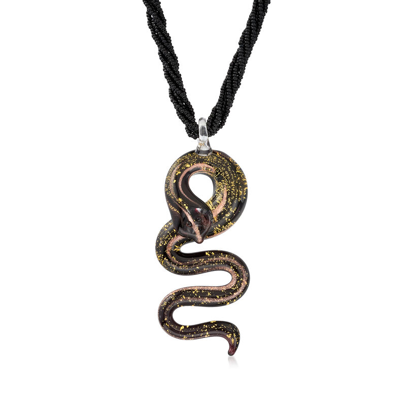 Italian Black Murano Glass Snake Pendant Torsade Necklace in 18kt Gold Over Sterling image number 0